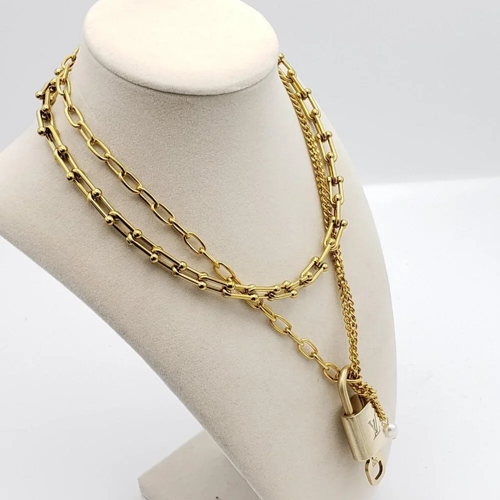 Double Chain Necklace with Authentic Louis Vuitton Padlock Pendant & Fresh Pearl